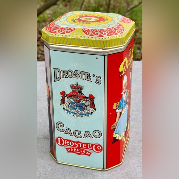 Vintage 10 oz DROSTE COCOA Hinge Lidded Tin Litho Illustrated Pantry Box - Picture 6 of 14
